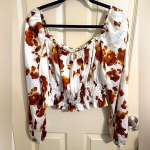 Bar III Abstract Design Long Sleeve Blouse, White w Brown, Sz Large